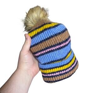 NWT AERIE Women’s Multi Striped Faux Fur Puff Ribknit Beanie One Size